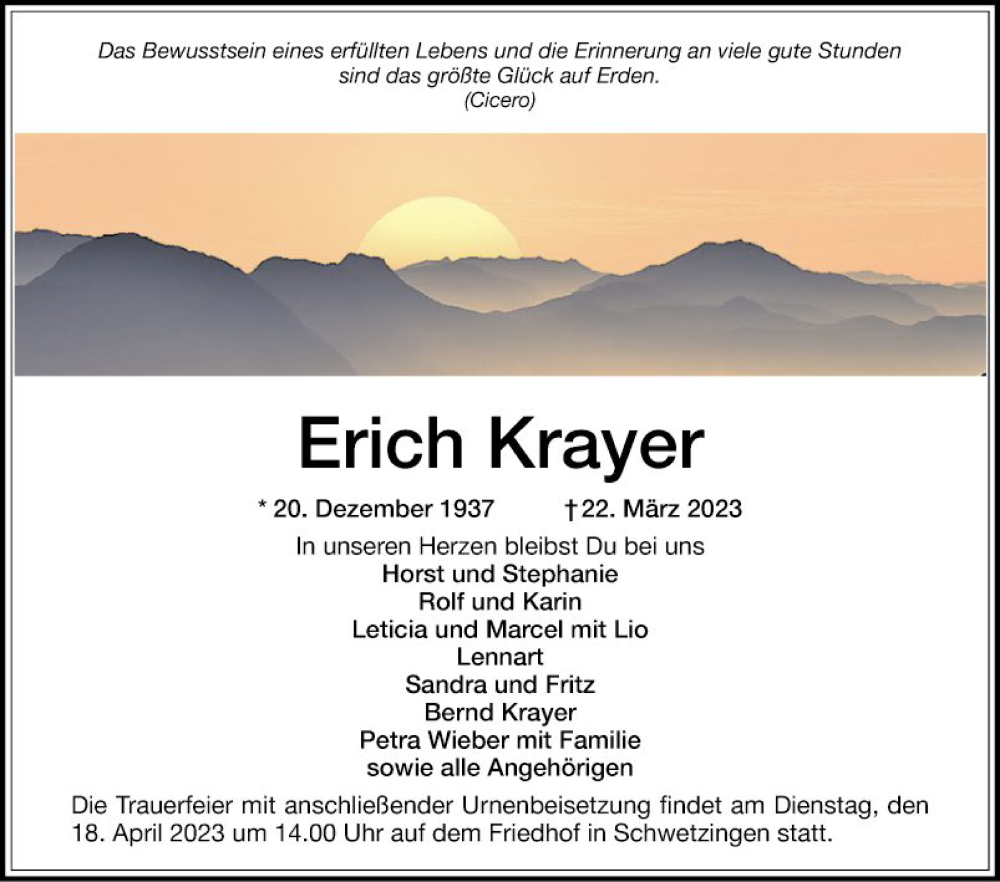  Traueranzeige für Erich Krayer vom 15.04.2023 aus Schwetzinger Zeitung