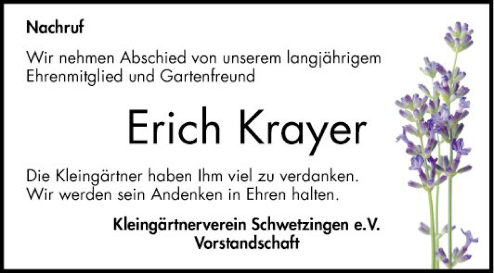  Traueranzeige für Erich Krayer vom 11.04.2023 aus Schwetzinger Zeitung