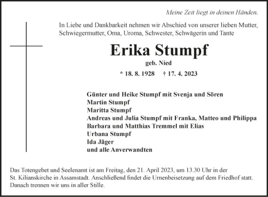 Traueranzeige von Erika Stumpf von Fränkische Nachrichten