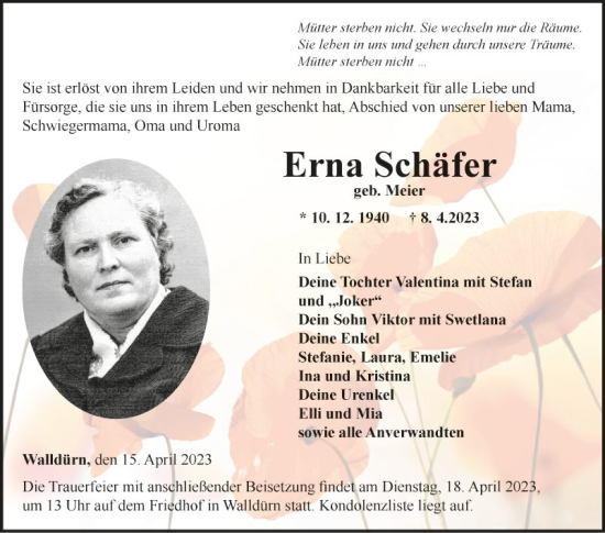 Traueranzeige von Erna Schäfer von Fränkische Nachrichten