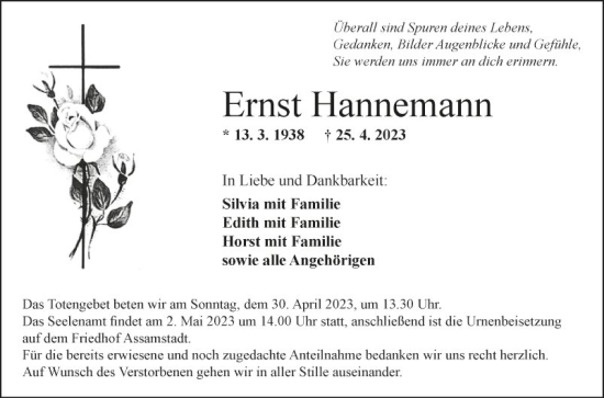 Traueranzeige von Ernst Hannemann von Fränkische Nachrichten