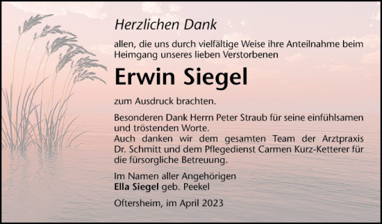 Traueranzeige von Erwin Siegel von Schwetzinger Zeitung