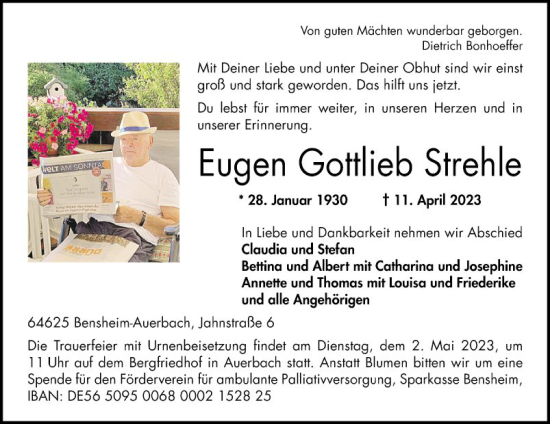 Traueranzeige von Eugen Gottlieb Strehle von Bergsträßer Anzeiger