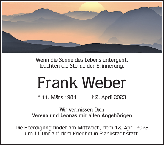 Traueranzeige von Frank Weber von Schwetzinger Zeitung