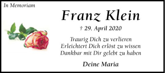 Traueranzeige von Franz Klein von Mannheimer Morgen