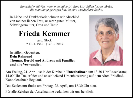 Traueranzeige von Frieda Kemmer von Fränkische Nachrichten