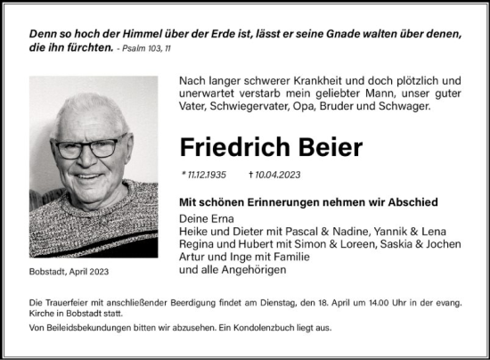 Traueranzeige von Friedrich Beier von Fränkische Nachrichten