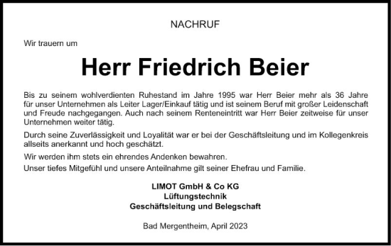 Traueranzeige von Friedrich Beier von Fränkische Nachrichten