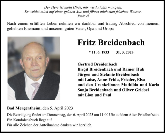 Traueranzeige von Fritz Breidenbach von Fränkische Nachrichten