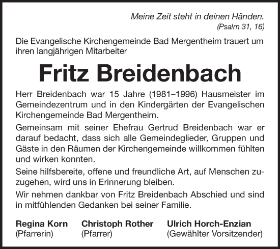 Traueranzeige von Fritz Breidenbach von Fränkische Nachrichten