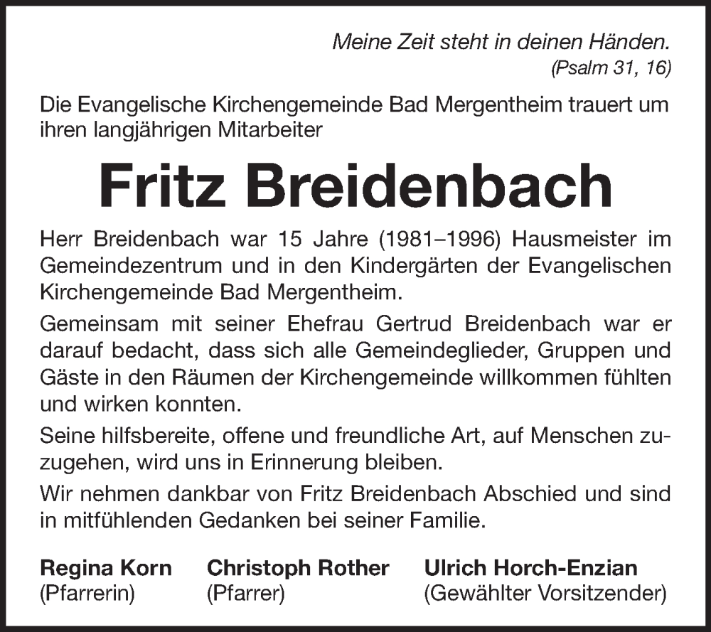  Traueranzeige für Fritz Breidenbach vom 08.04.2023 aus Fränkische Nachrichten