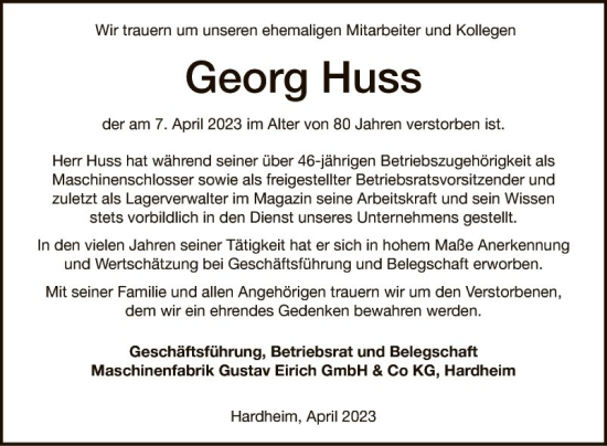 Traueranzeige von Georg Huss von Fränkische Nachrichten