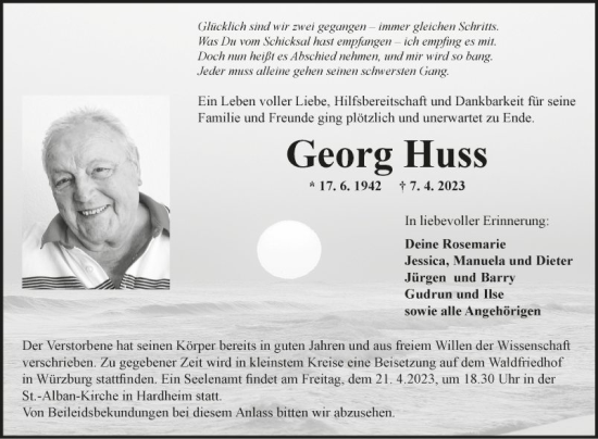 Traueranzeige von Georg Huss von Fränkische Nachrichten