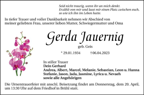 Traueranzeige von Gerda Jauernig von Schwetzinger Zeitung