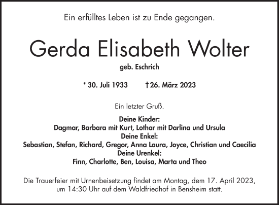 Traueranzeigen Von Gerda Elisabeth Wolter | Trauerportal Ihrer Tageszeitung