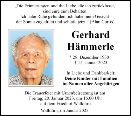 Traueranzeige von Gerhard Hämmerle von Fränkische Nachrichten