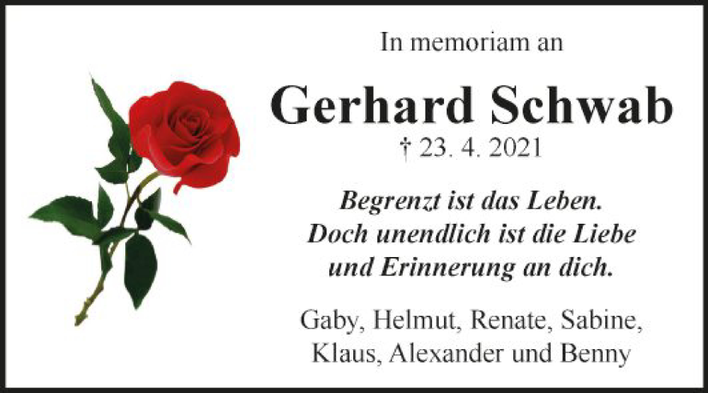  Traueranzeige für Gerhard Schwab vom 22.04.2023 aus Fränkische Nachrichten