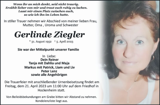 Traueranzeige von Gerlinde Ziegler von Schwetzinger Zeitung