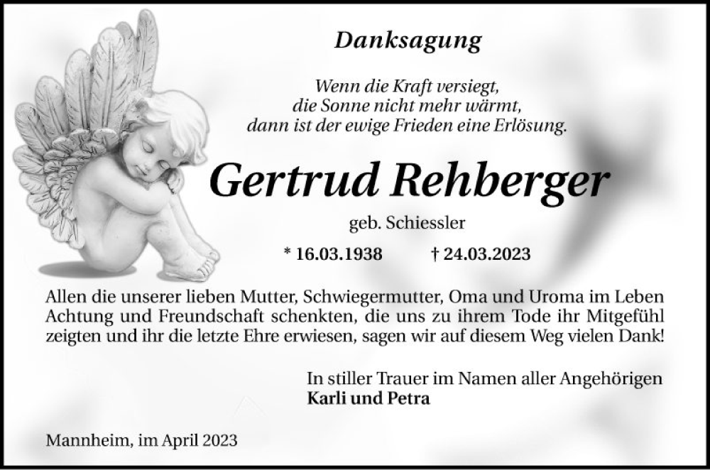  Traueranzeige für Gertrud Rehberger vom 22.04.2023 aus Mannheimer Morgen
