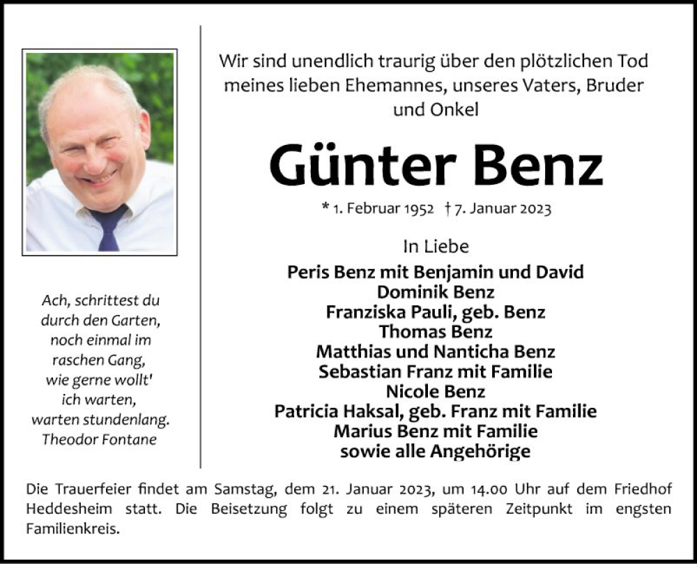  Traueranzeige für Günter Benz vom 19.01.2023 aus Mannheimer Morgen