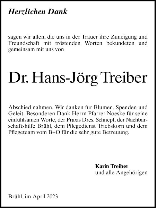 Traueranzeige von Hans-Jörg Treiber von Schwetzinger Zeitung