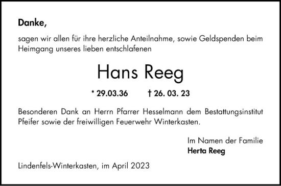 Traueranzeige von Hans Reeg von Bergsträßer Anzeiger