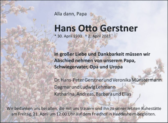 Traueranzeige von Hans Otto Gerstner von Mannheimer Morgen