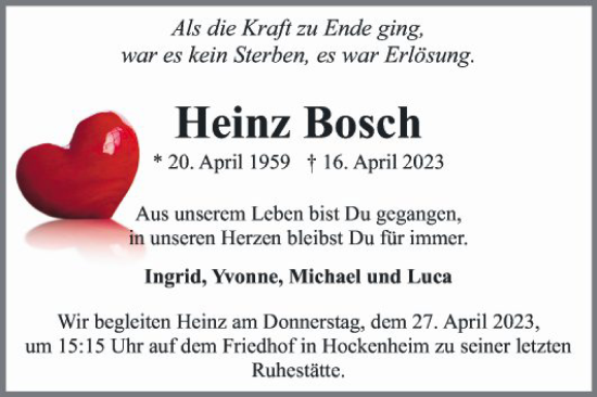 Traueranzeige von Heinz Bosch von Schwetzinger Zeitung