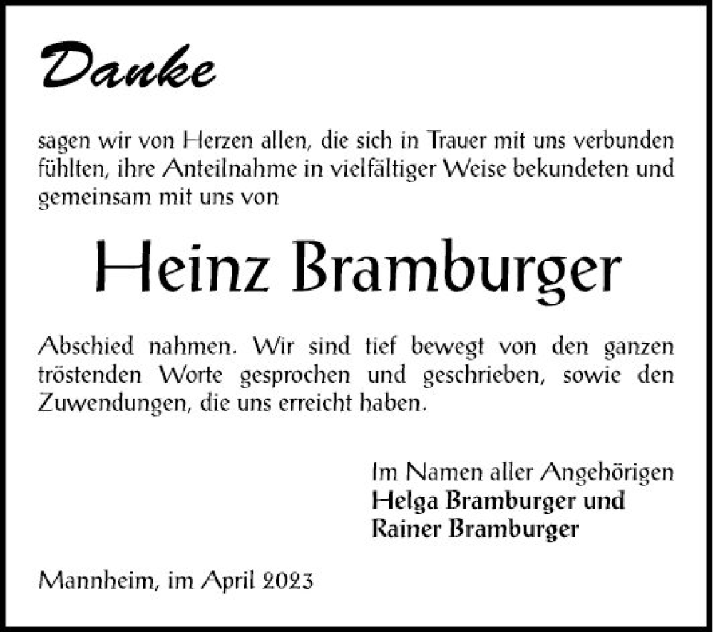  Traueranzeige für Heinz Bramburger vom 15.04.2023 aus Mannheimer Morgen
