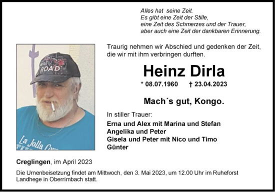 Traueranzeige von Heinz Dirla von Fränkische Nachrichten