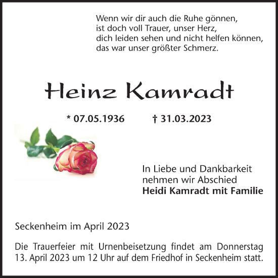 Traueranzeige von Heinz Kamradt von Mannheimer Morgen