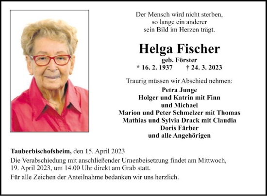 Traueranzeigen von Helga Fischer | Trauerportal Ihrer Tageszeitung