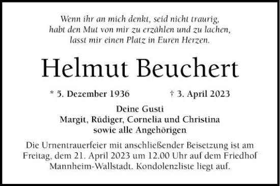 Traueranzeige von Helmut Beuchert von Mannheimer Morgen