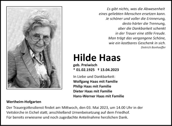 Traueranzeige von Hilde Haas von Fränkische Nachrichten