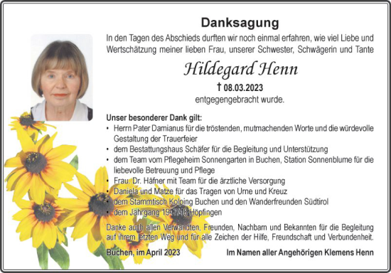 Traueranzeige von Hildegard Henn von Fränkische Nachrichten