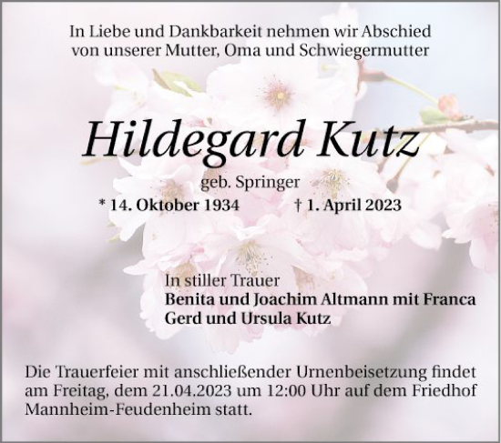 Traueranzeige von Hildegard Kutz von Mannheimer Morgen