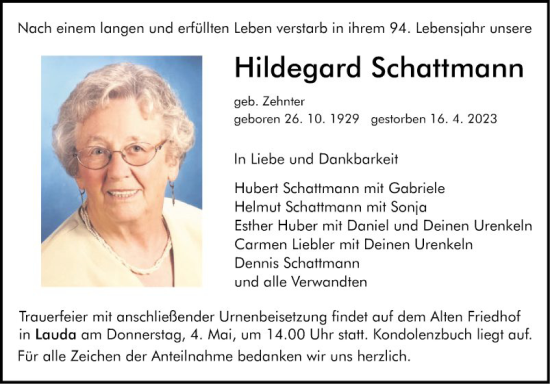 Traueranzeige von Hildegard Schattmann von Fränkische Nachrichten