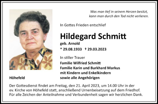 Traueranzeigen Von Hildegard Schmitt | Trauerportal Ihrer Tageszeitung