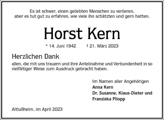 Traueranzeige von Horst Kern von Schwetzinger Zeitung