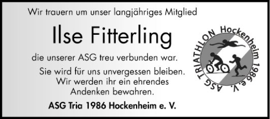 Traueranzeige von Ilse Fitterling von Schwetzinger Zeitung