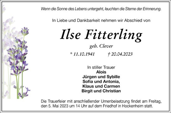 Traueranzeige von Ilse Fitterling von Schwetzinger Zeitung