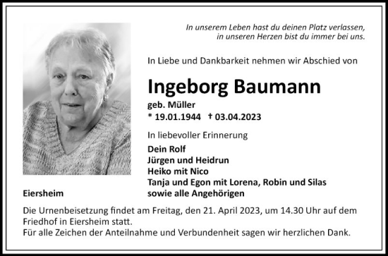 Traueranzeige von Ingeborg Baumann von Fränkische Nachrichten