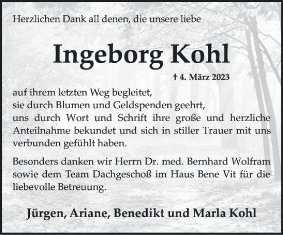 Traueranzeige von Ingeborg Kohl von Mannheimer Morgen