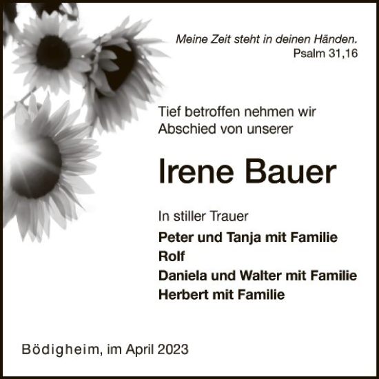 Traueranzeige von Irene Bauer von Fränkische Nachrichten