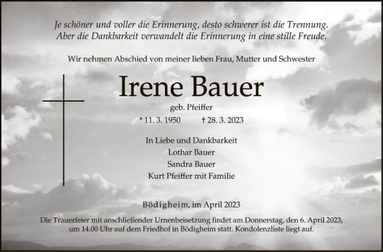 Traueranzeige von Irene Bauer von Fränkische Nachrichten