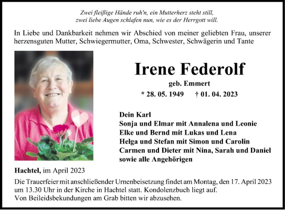  Traueranzeige für Irene Federolf vom 12.04.2023 aus Fränkische Nachrichten