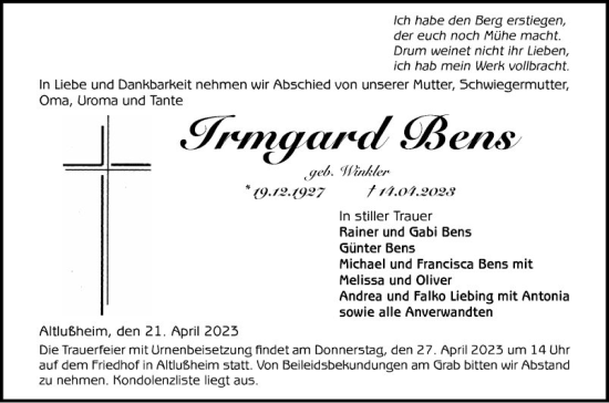 Traueranzeige von Irmgard Berns von Schwetzinger Zeitung