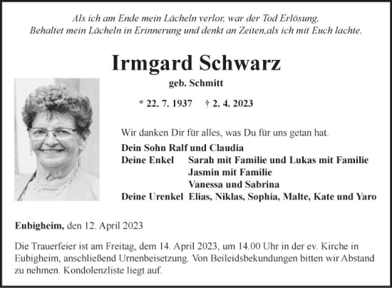 Traueranzeige von Irmgard Schwarz von Fränkische Nachrichten