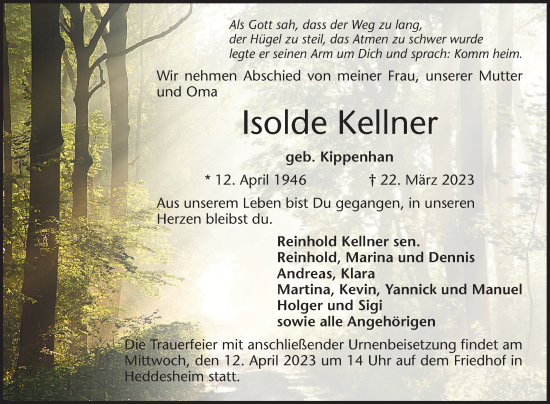 Traueranzeige von Isolde Kellner von Mannheimer Morgen