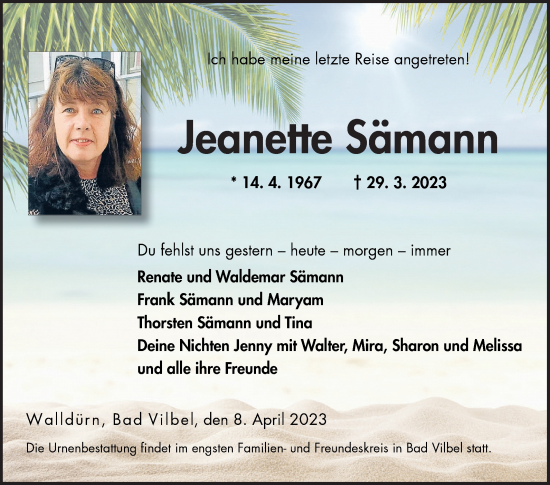 Traueranzeige von Jeanette Sämann von Fränkische Nachrichten